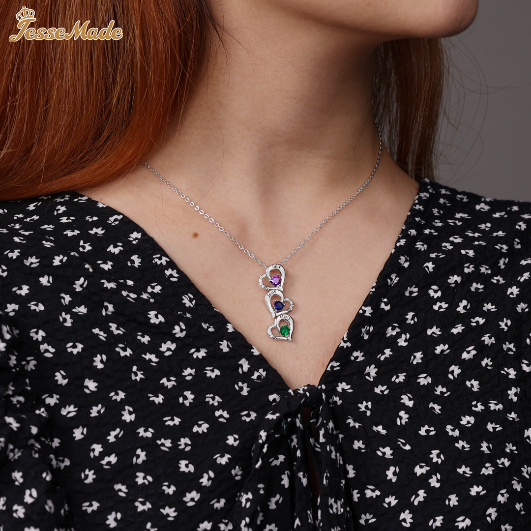 Personalised Heart Necklace With 2 Birthstones Engraved Names Gift For Her-Jessemade AU