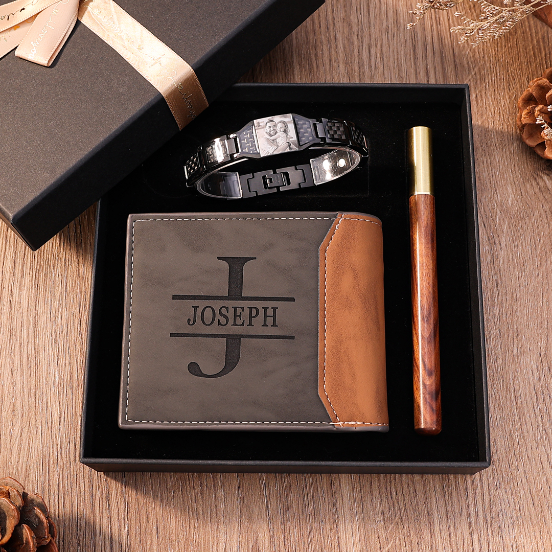 Personalised 2 Photos & 1 Name & 1 Letter Gift Set Custom Wallet & Bracelet & Pen Gift Box Set Father’s Day Gift-Jessemade AU