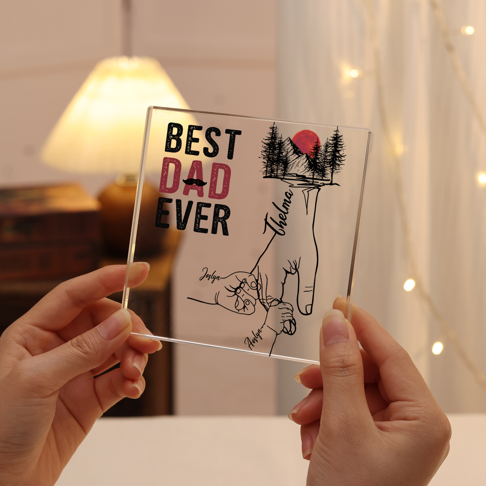 Personalised 3 Names & 1 Text Acrylic Square Keepsake Holding Hands Family Rectangle Plaque Gifts for Dad/Grandpa-Jessemade AU