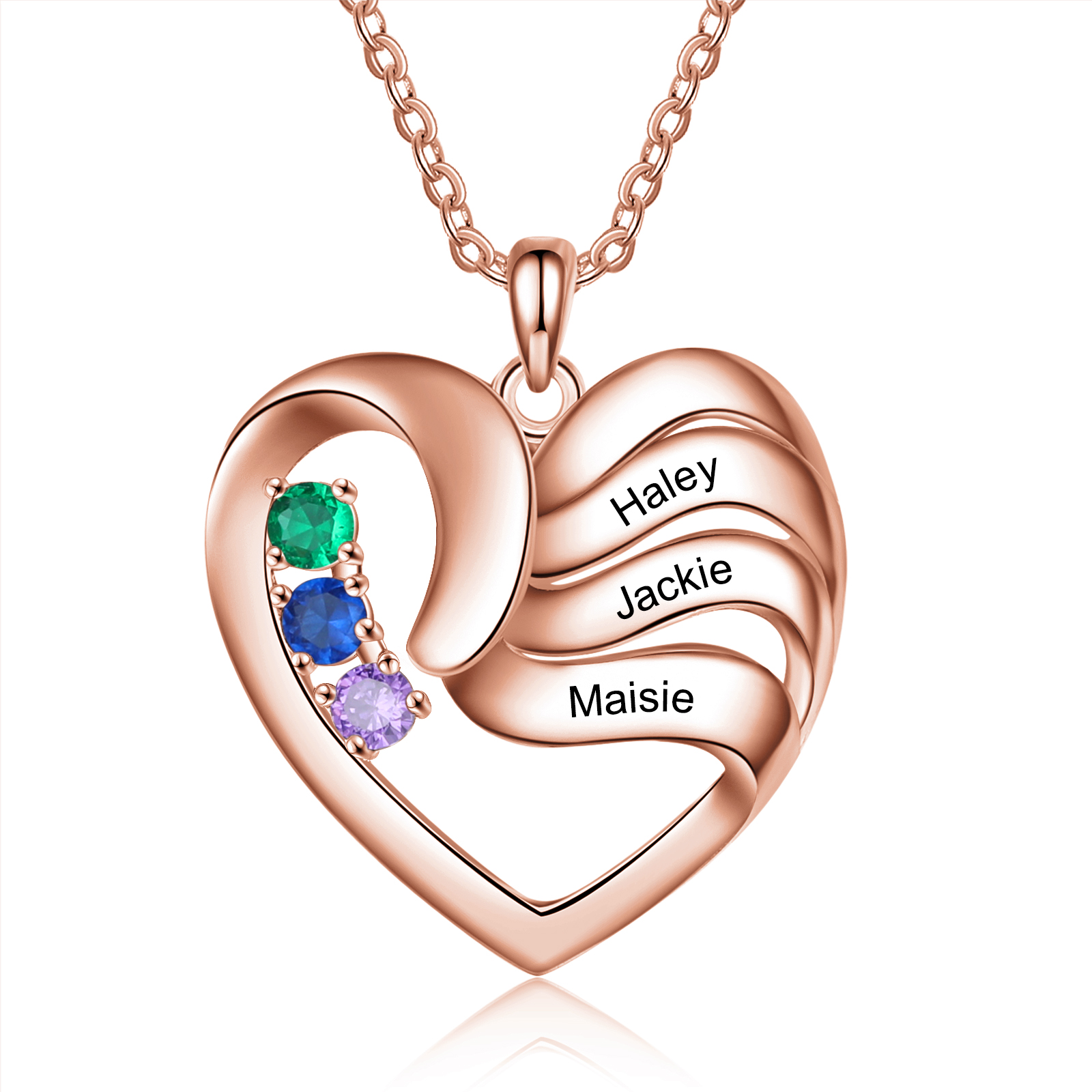 Customised Heart Necklace With 3 Birthstones Engraved Names Family Necklace Gifts for Her-Jessemade AU