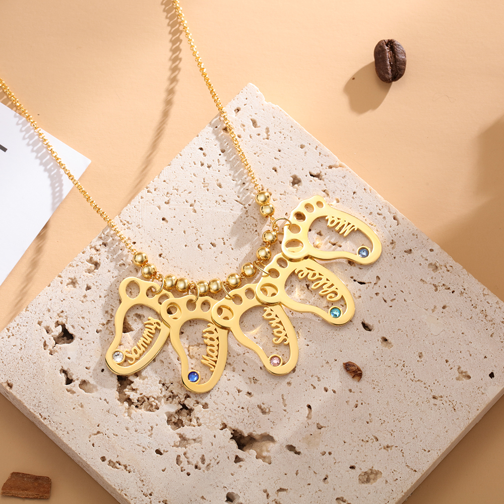 Personalised Baby Foot With 5 Birthstones Engraved Names Gift For Mother-Jessemade AU