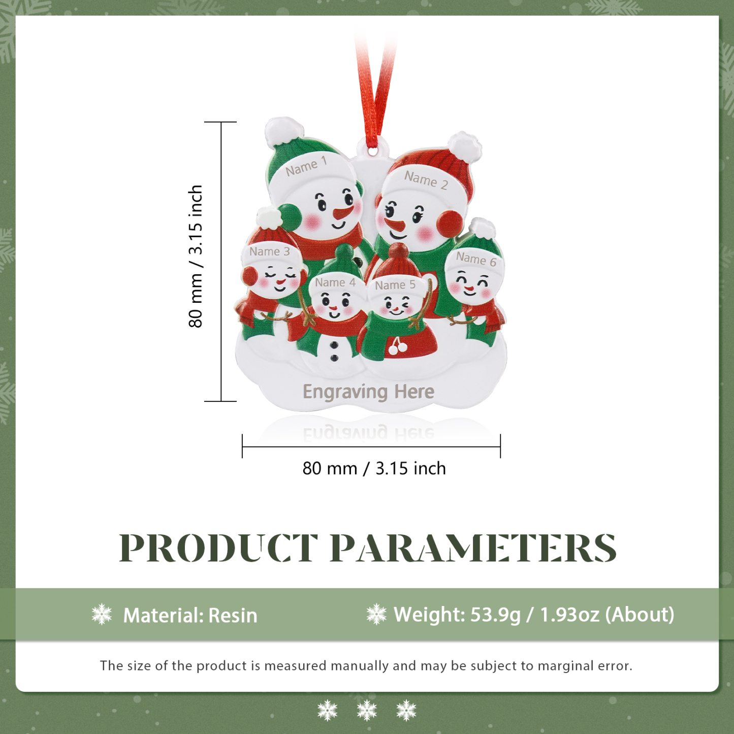 Personalised 6 Names & Text Snowman Christmas Ornament Resin Christmas Tree Pendant for Family-Jessemade AU