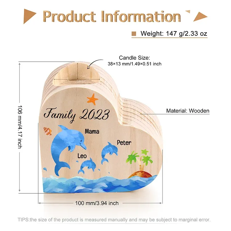 Family Dolphin Heart Candle Holder Personalised Wooden Candlestick Custom 3 Names-Jessemade AU