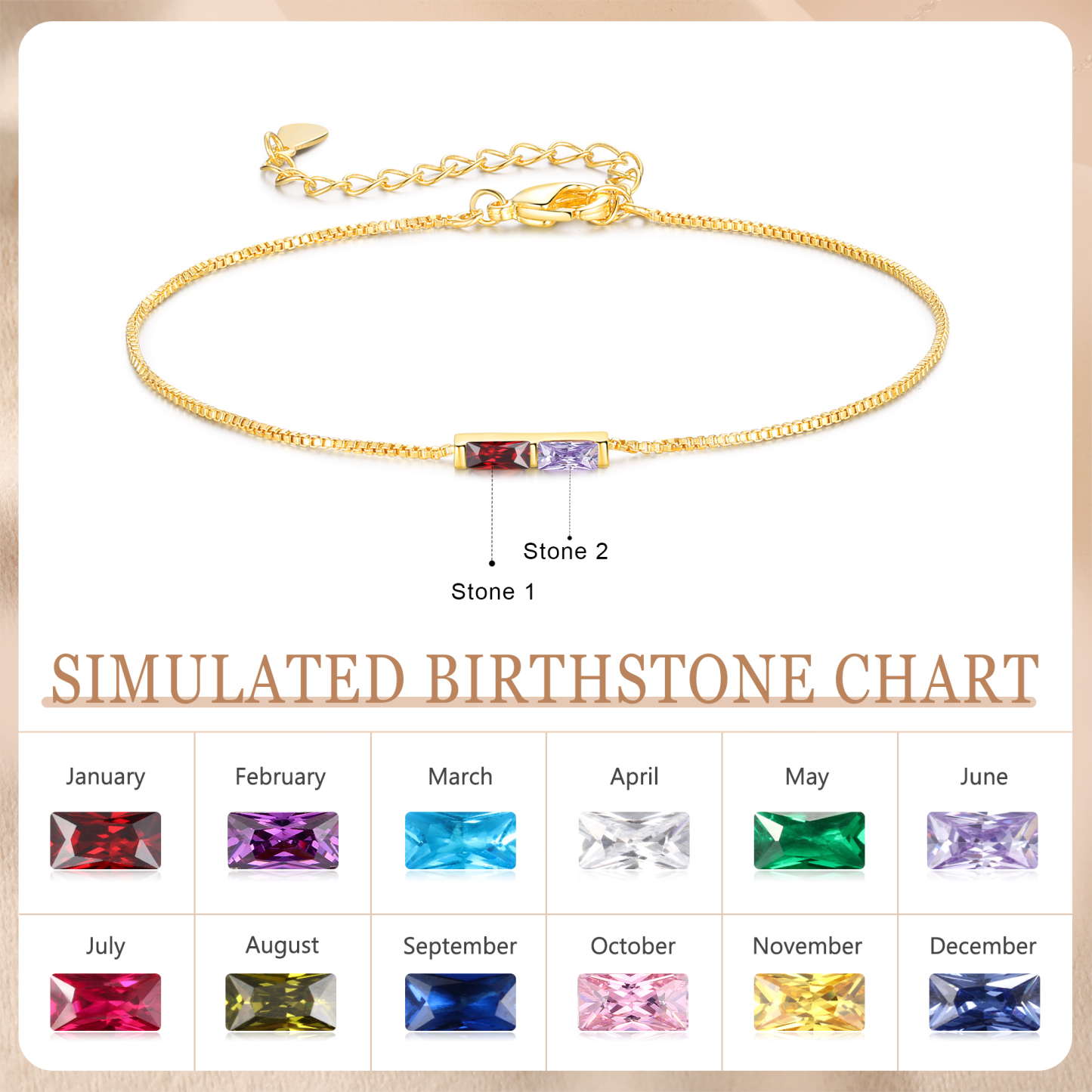 Custom 2 Birthstones Bracelet Gold Adjustable Bracelet Personalised Birthday Gift for Her-Jessemade AU