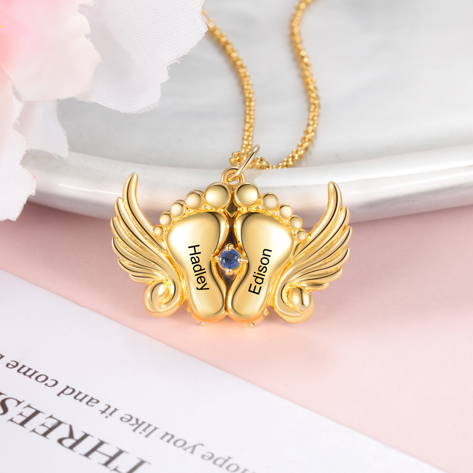 Personalised Baby Feet Photo Locket Necklace with Birthstone Custom Names Necklace-Jessemade AU