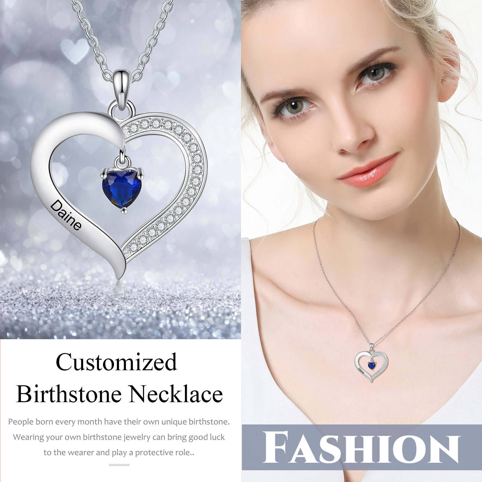 Personalised Necklace With 1 Heart Birthstone Engraved Names Heart Necklace Gift For Women-Jessemade AU