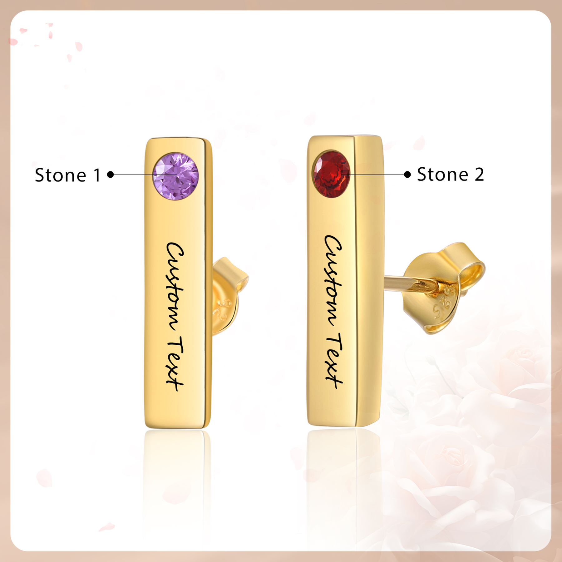 Personalised Bar Earrings Custom 2 Birthstones & 1 Text Earrings Gold Birthday Gift for Her-Jessemade AU
