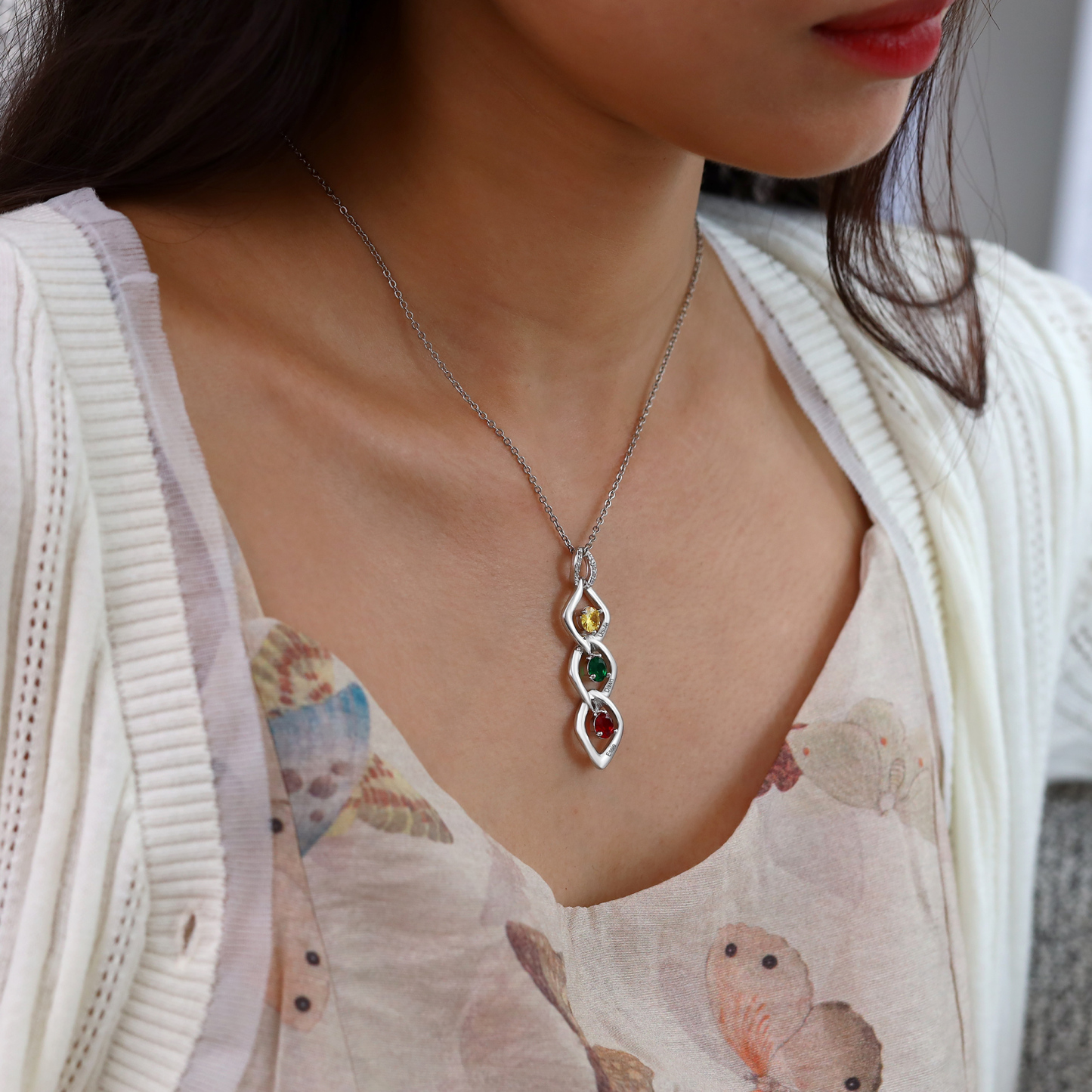 Personalised Pendant Necklace Custom 3 Birthstones Engraved 3 Names Necklace Gift for Women-Jessemade AU