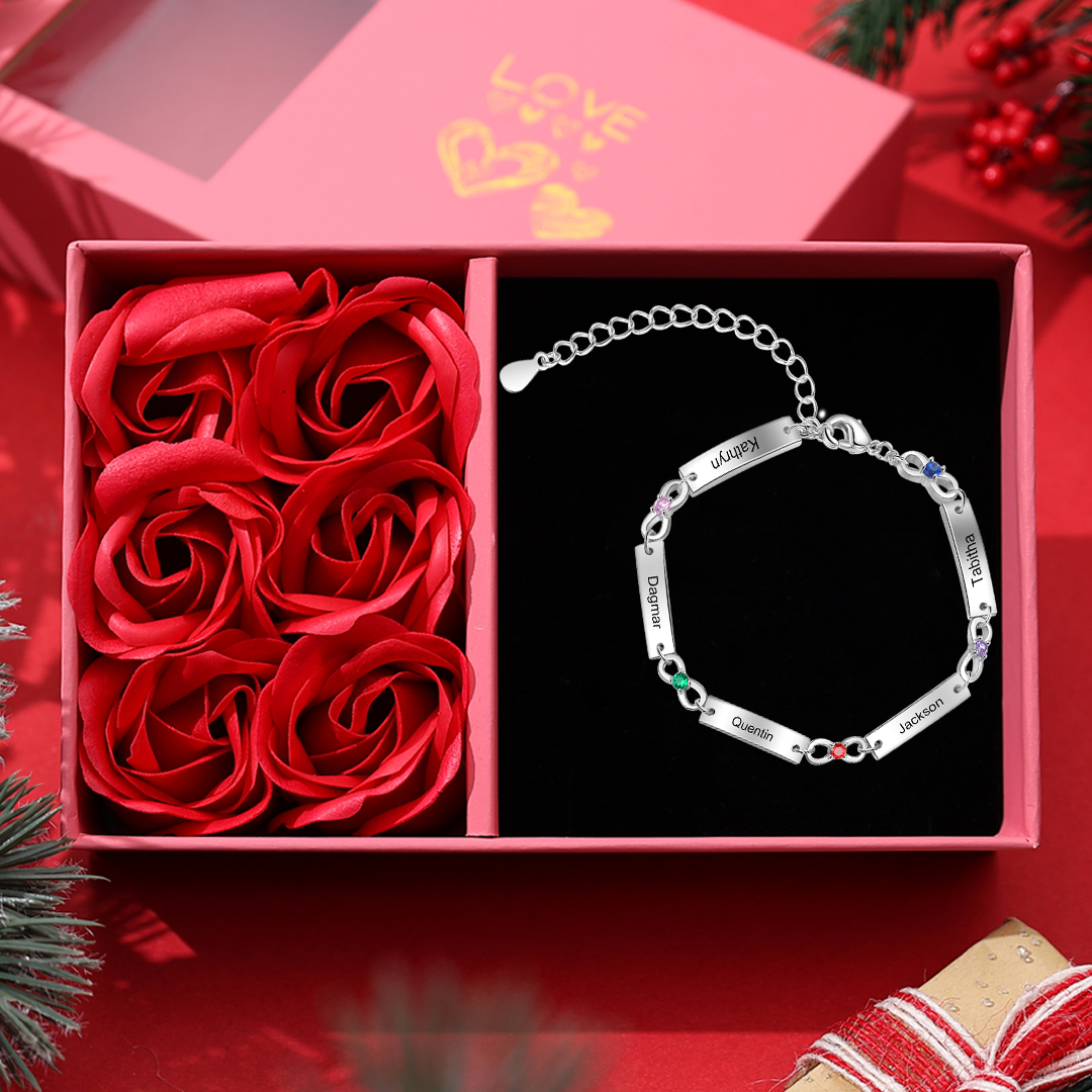 Personalised Bracelet With 5 Birthstones Engraved Names Bracelet Gift For Women-Jessemade AU