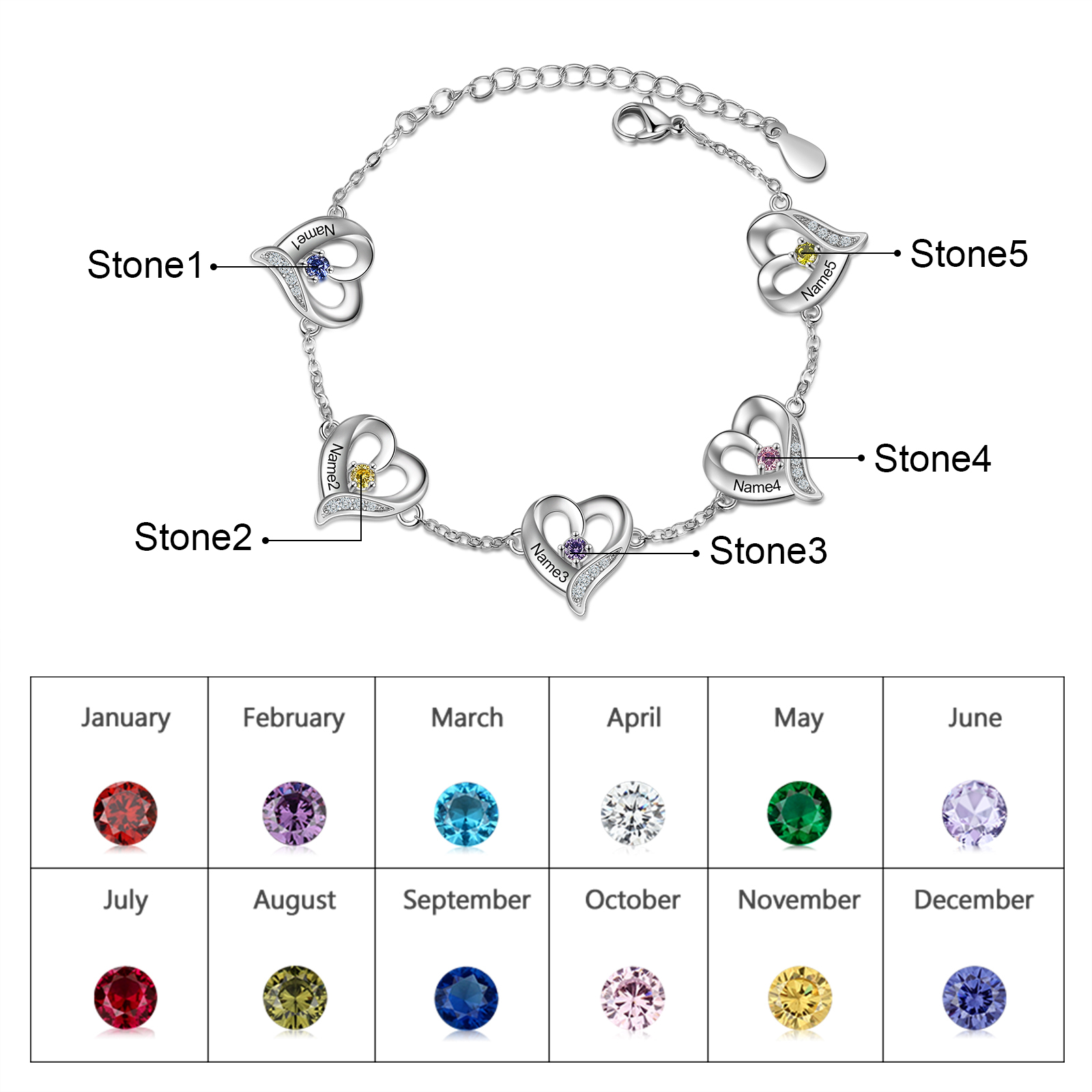 Personalised Heart Bracelet With 5 Birthstones Engraved Names Necklace For Her-Jessemade AU
