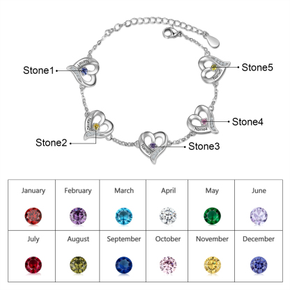Personalised Heart Bracelet With 5 Birthstones Engraved Names Necklace For Her-Jessemade AU