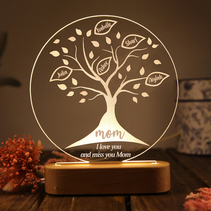 Personalised Family Tree Night Light Engraved 5 Names Wooden LED Lamp-Jessemade AU