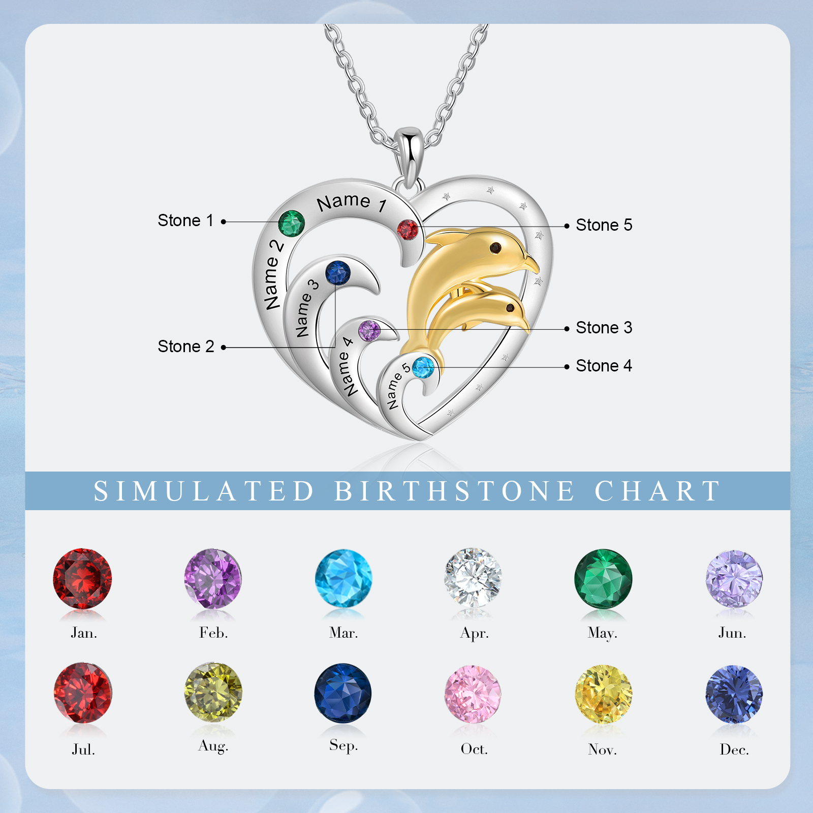 Personalised Heart Dolphin Pendant Necklace Custom 5 Birthstones Engraved 5 Names Necklace Gift for Her-Jessemade AU