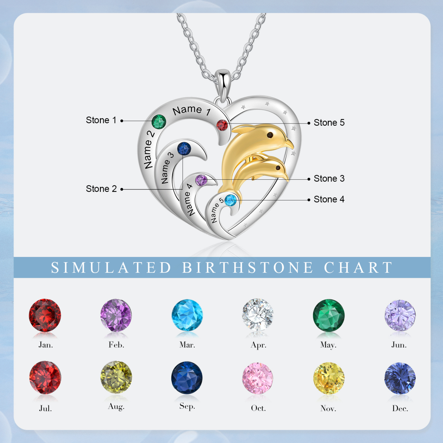 Personalised Heart Dolphin Pendant Necklace Custom 5 Birthstones Engraved 5 Names Necklace Gift for Her-Jessemade AU