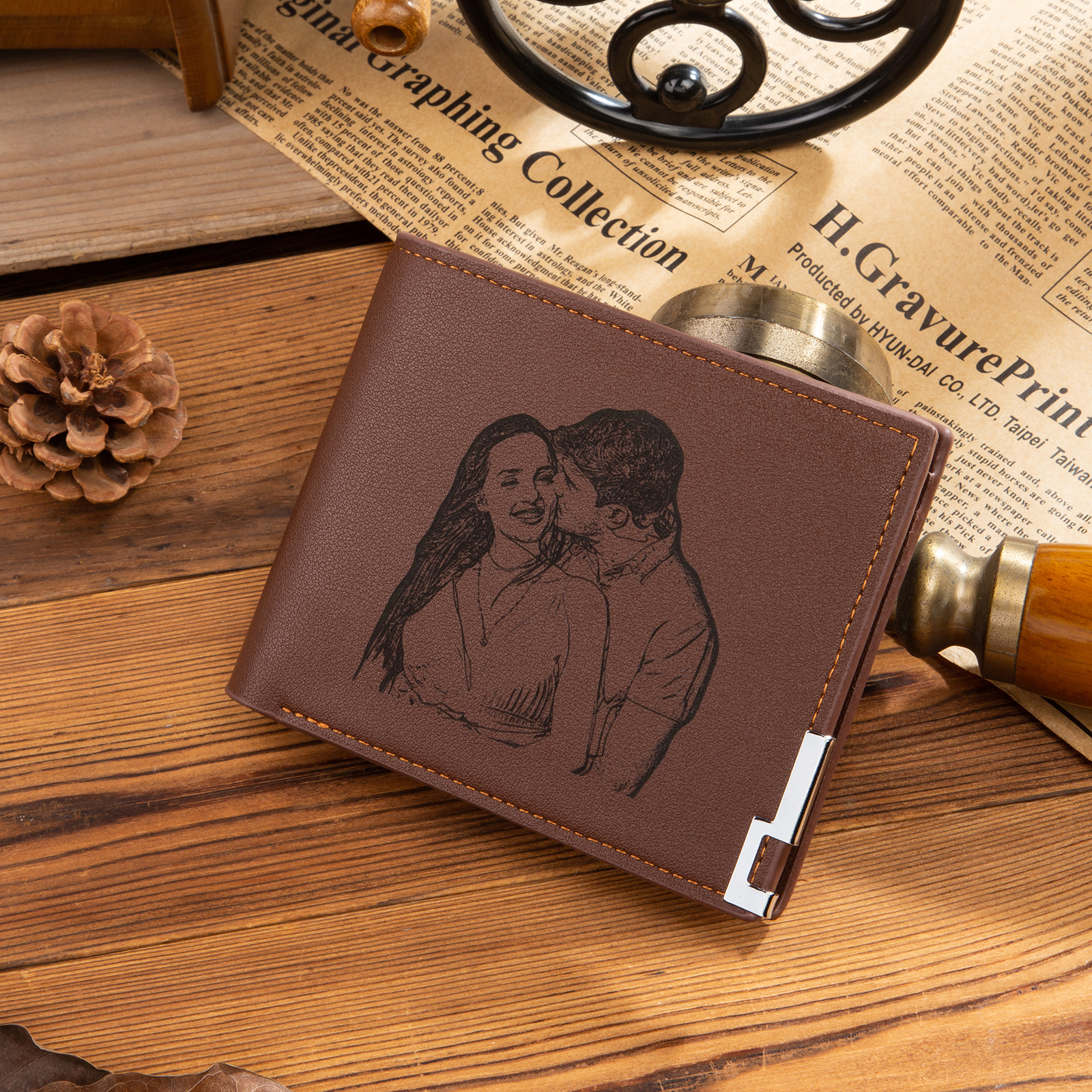 Personalised Leather Wallet Engraved Photo Folding Wallet Short Purse Love Gifts For Him-Jessemade AU