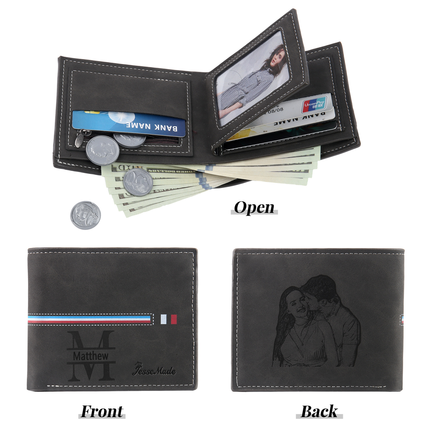 Personalised Photo & Name & Letter Billfold Wallet Monogram Leather Black Wallet Gift for Men-Jessemade AU
