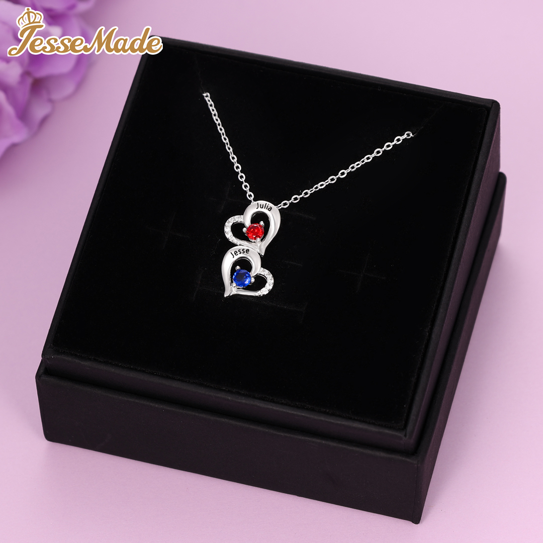 Personalised Heart Necklace With 2 Birthstones Engraved Names Gift For Her-Jessemade AU