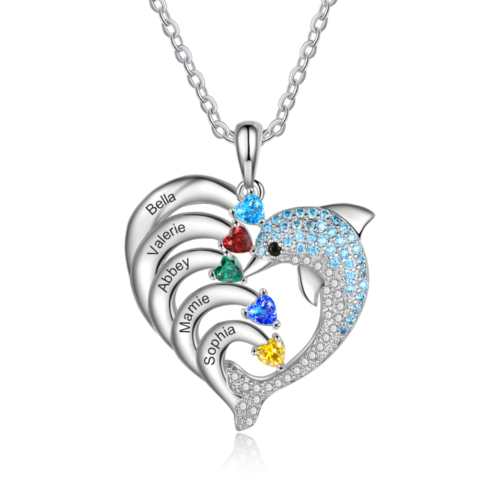 Personalised Heart Dolphin Necklace With 5 Birthstones Engraved Names Gift For Her-Jessemade AU