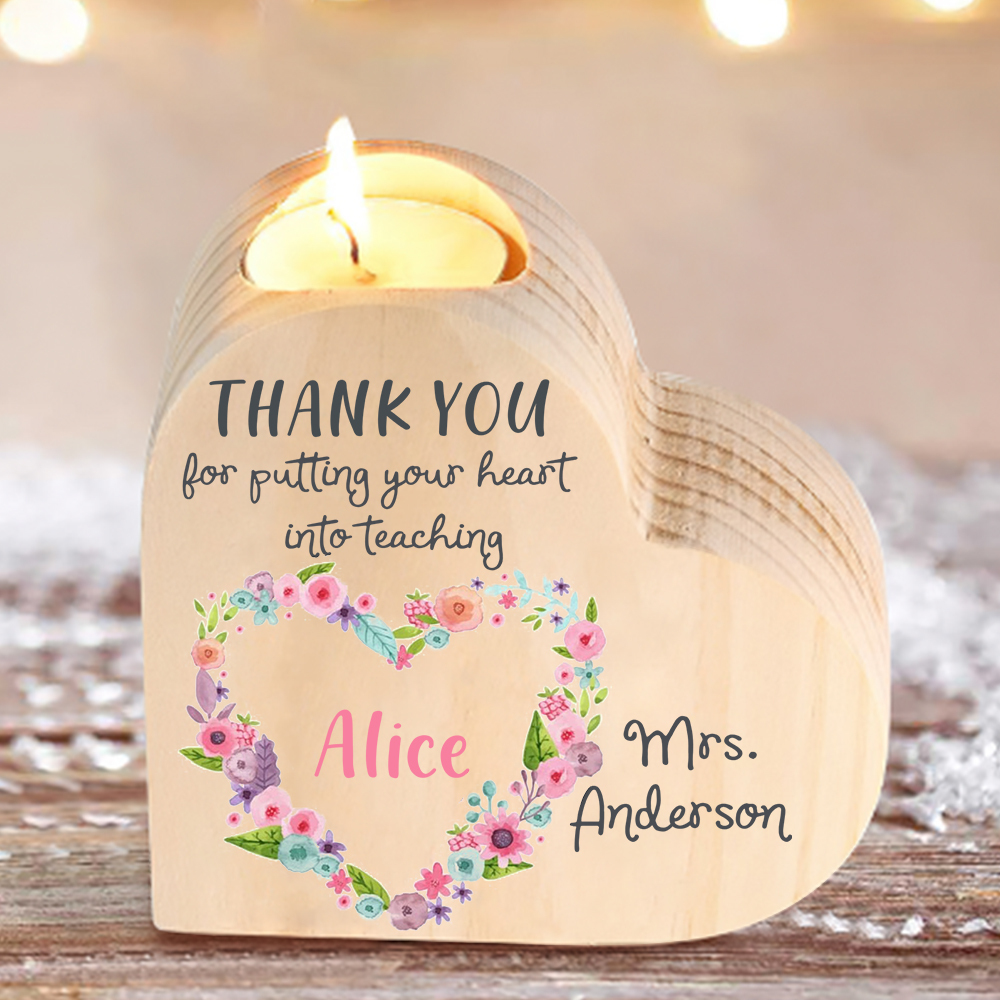 To My Teacher Candle Holder Custom 2 Names Wooden Candlestick Teachers' Day Gift - Thank You For Putting Your Heart Into Teaching-Jessemade AU