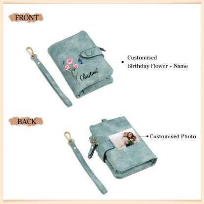 Personalised Women's Leather Wallet Custom Birthday Flower & Name & Photo Wallet Gift for Her