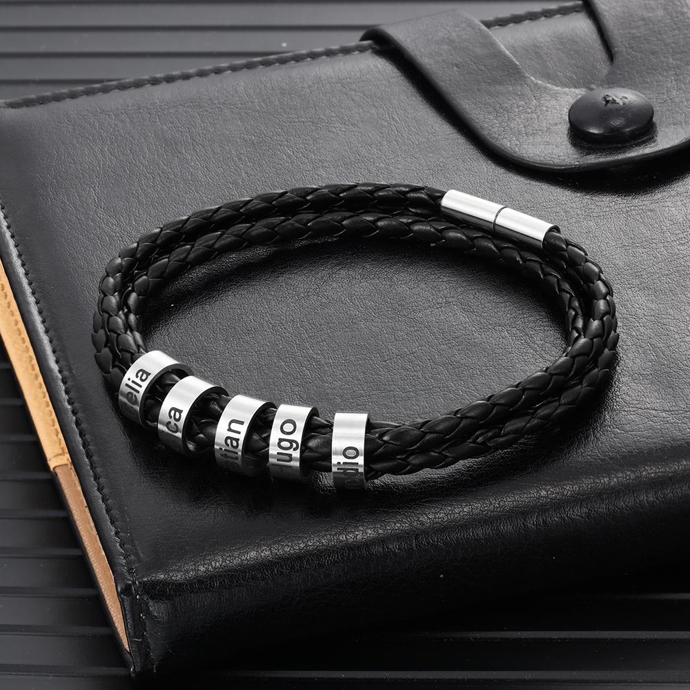 Leather Braided Bracelet Men Bracelets Personalised 5 Names 5 Beads Gifts For Dad-Jessemade AU