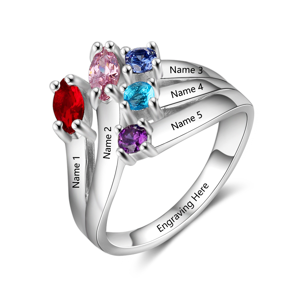 Mother's Day Family Ring Personalised 5 Birthstones Ring With Names Gifts for Her-Jessemade AU