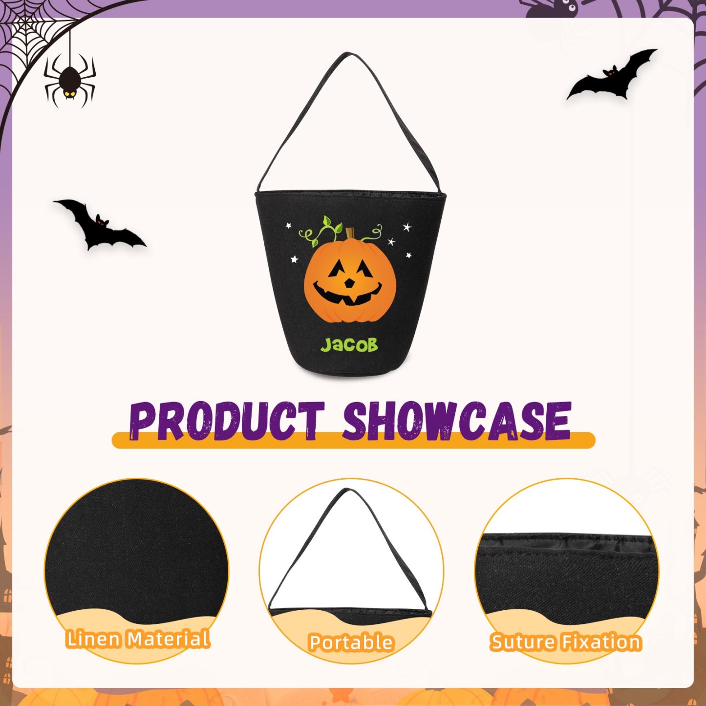 1 Name - Personalised Halloween Tote Bags Bucket Bag Halloween Trick or Treat Candy Bags for Children-Jessemade AU