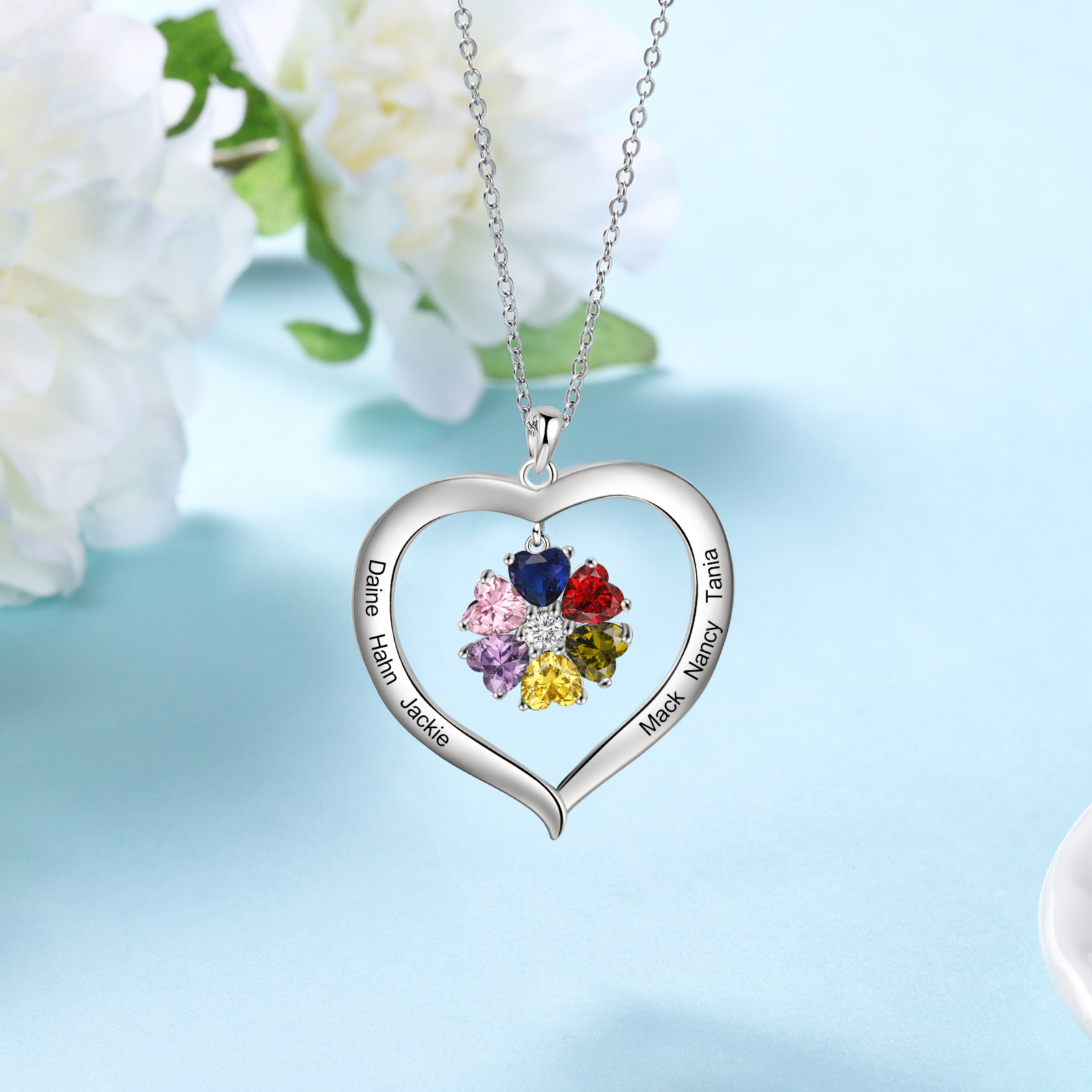 Personalised Heart Pendant Necklace with 6 Birthstones Engraved Names Family Necklace Gifts for Her-Jessemade AU