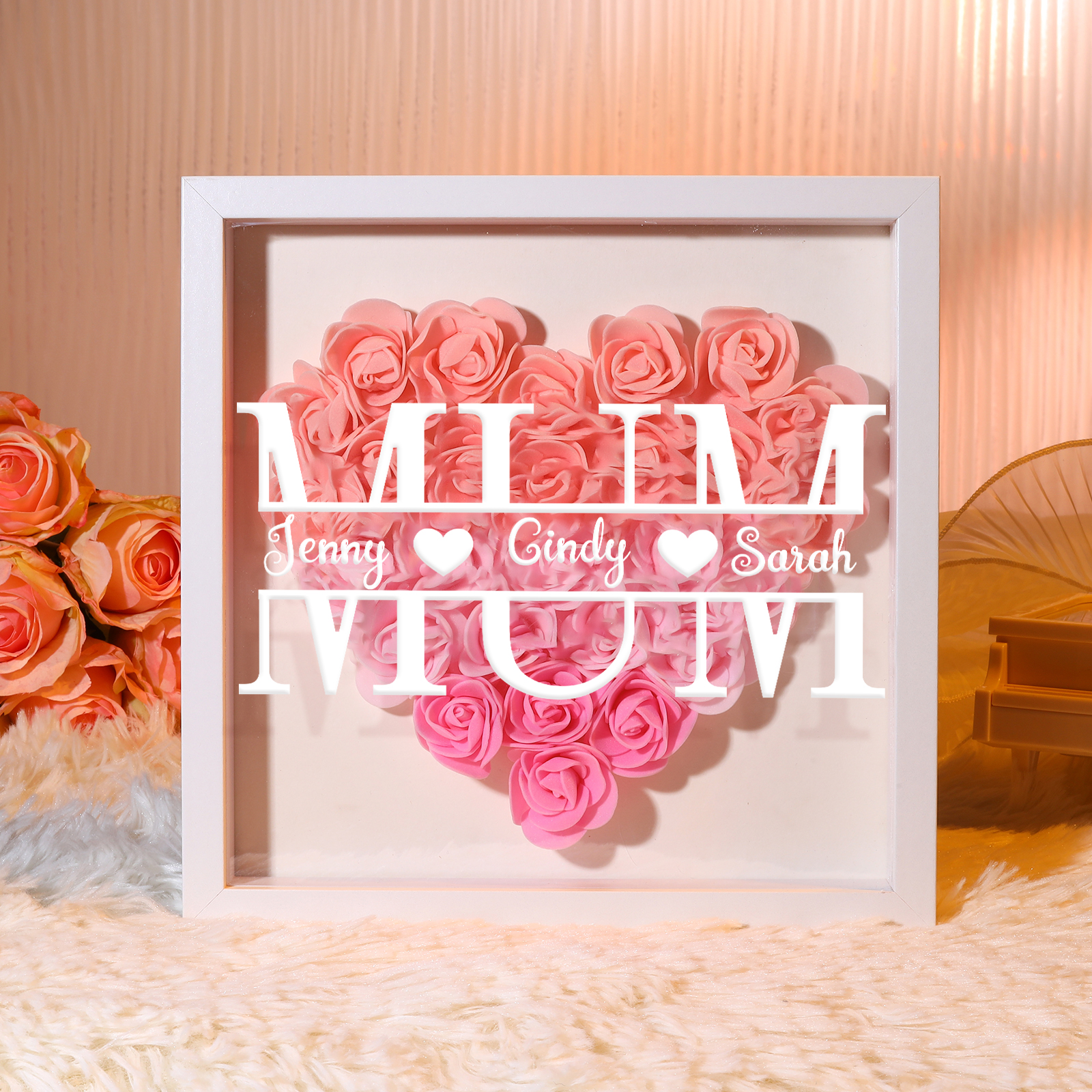 Personalised Flower Shadow Box Custom Name & Text Heart Rose Frame Decorations Mother's Day Gift for Her-Jessemade AU