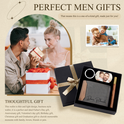 Personalised 2 Texts & 2 Photos Gift Set Wallet & Keychain & Pen Gift Box Set Father’s Day Gift for Him-Jessemade AU