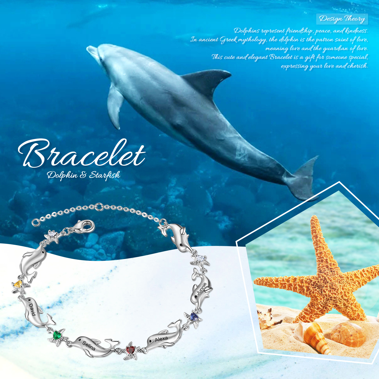 Animal Bracelet Personalised Dolphin Bracelet With 4 Birthstones Engraved Names Starfish Charm Gifts For Her-Jessemade AU