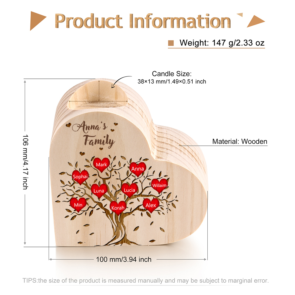 To My Family Wooden Heart Candle Holder Custom 9 Names Family Tree Candlesticks-Jessemade AU