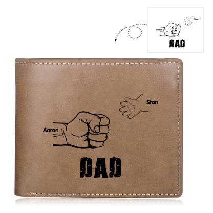 2 Names - Personalised Men Leather Wallet Engraved Names Brown Wallet Fist Bump Folding Wallet Gift For Dad-Jessemade AU