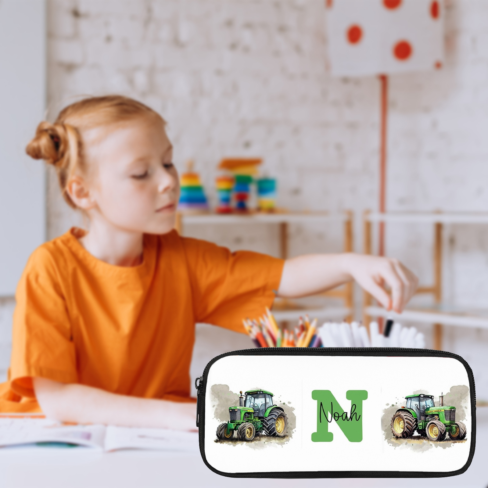 Personalised  Name Pencil Case Green Bulldozer Pen Bag Zipper Back to School Gifts for Student-Jessemade AU