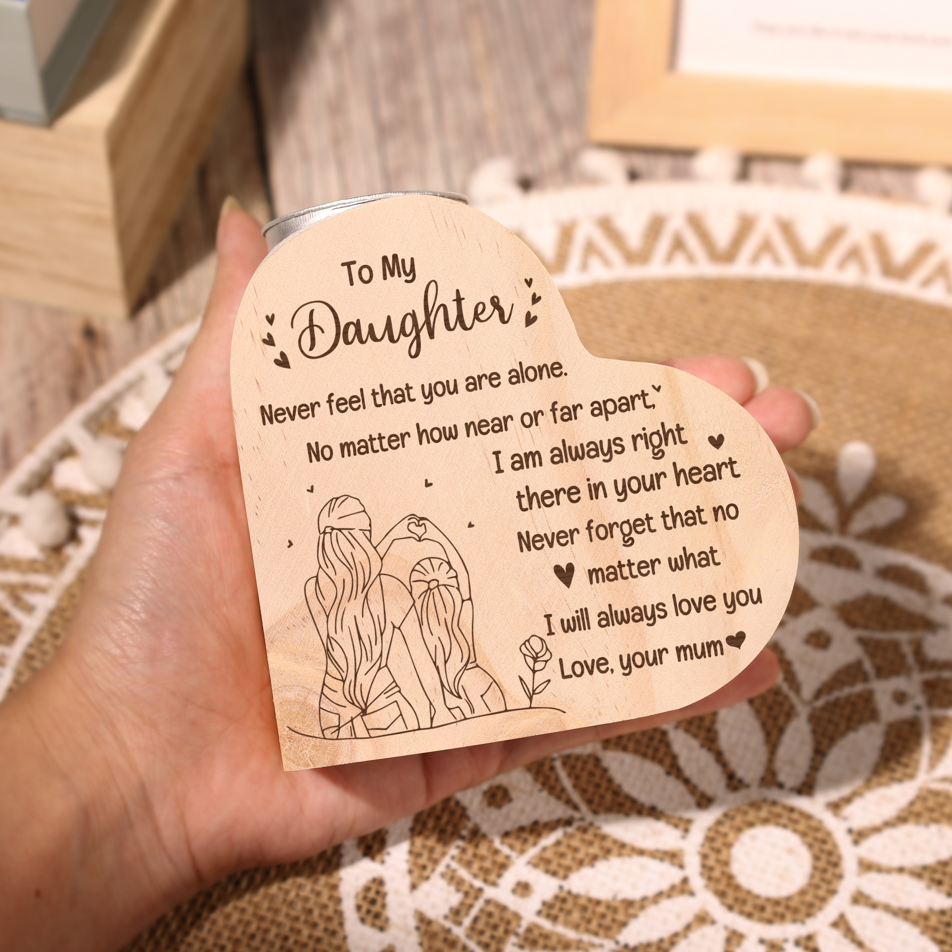 To My Daughter Heart Candle Holder "Never feel that you are alone" Wooden Candlestick-Jessemade AU