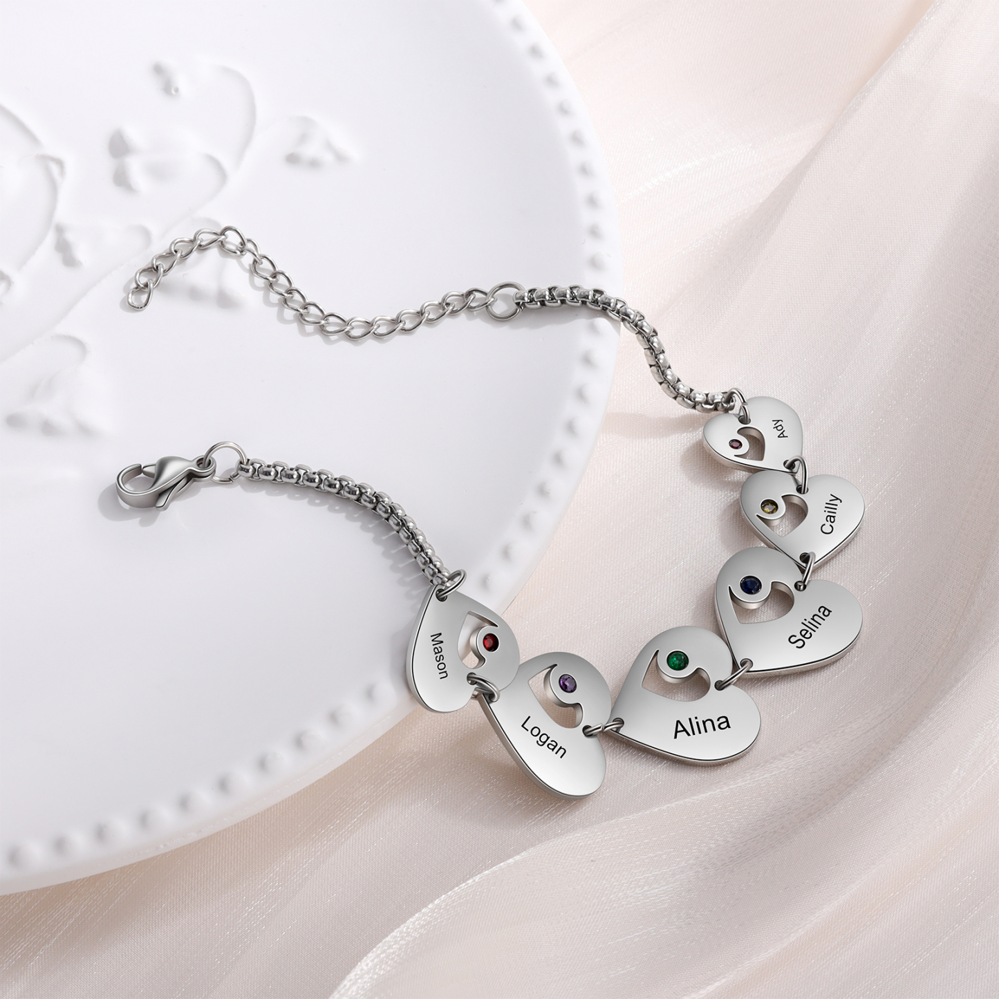 6 Names - Personalised Heart Bracelet Custom Names & Birthstones Family Bracelet Gifts for Her-Jessemade AU