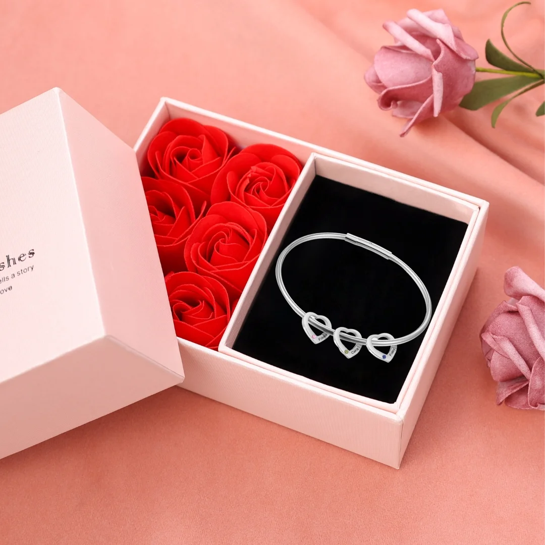 3 Names - Personalised Heart Bracelet with 3 Birthstones Custom Name & Birthstone Bracelet Gift for Her