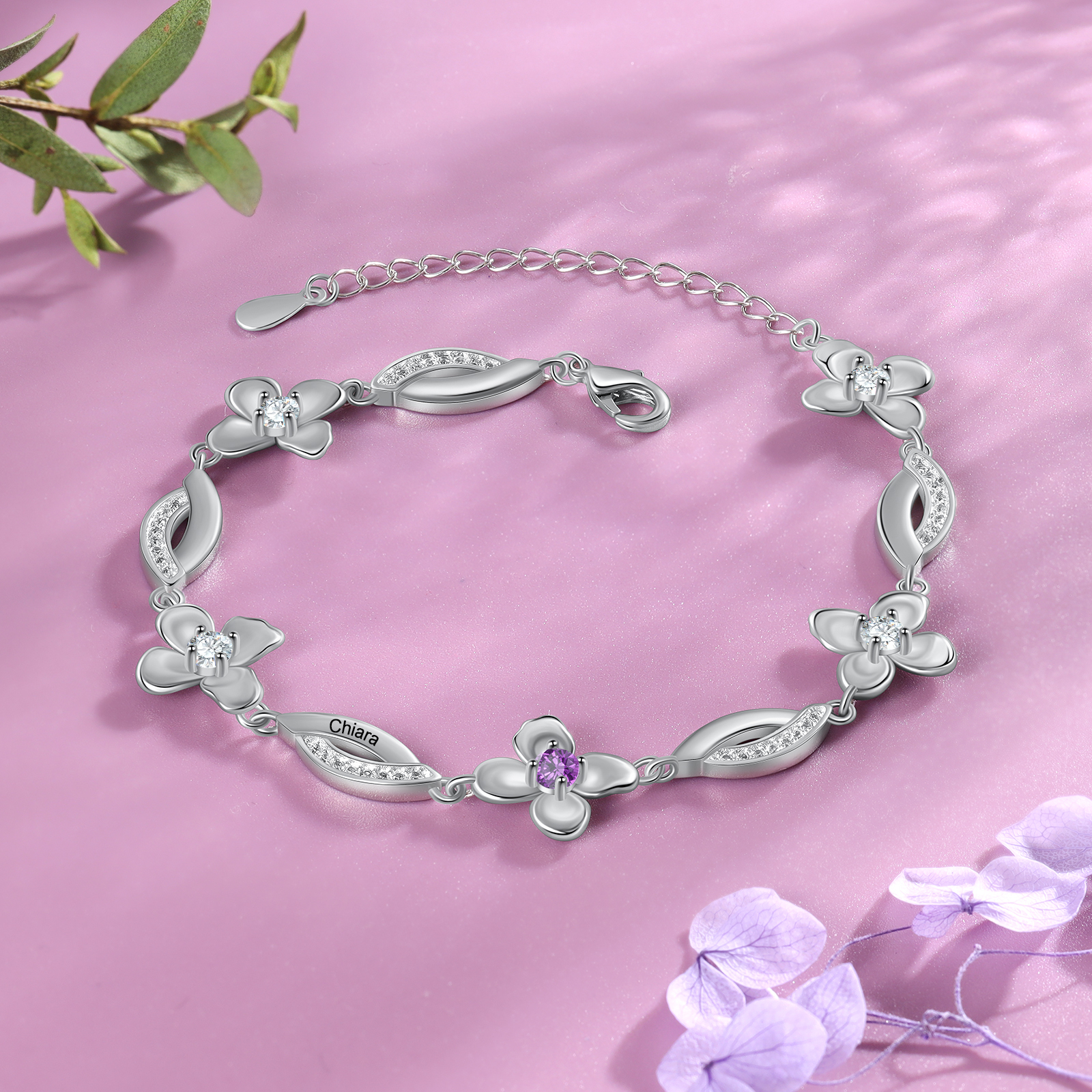 Flowers Bracelet Personalised 1 Birthstone Bracelet Engraved Names Flowers Charm Gifts For Her-Jessemade AU