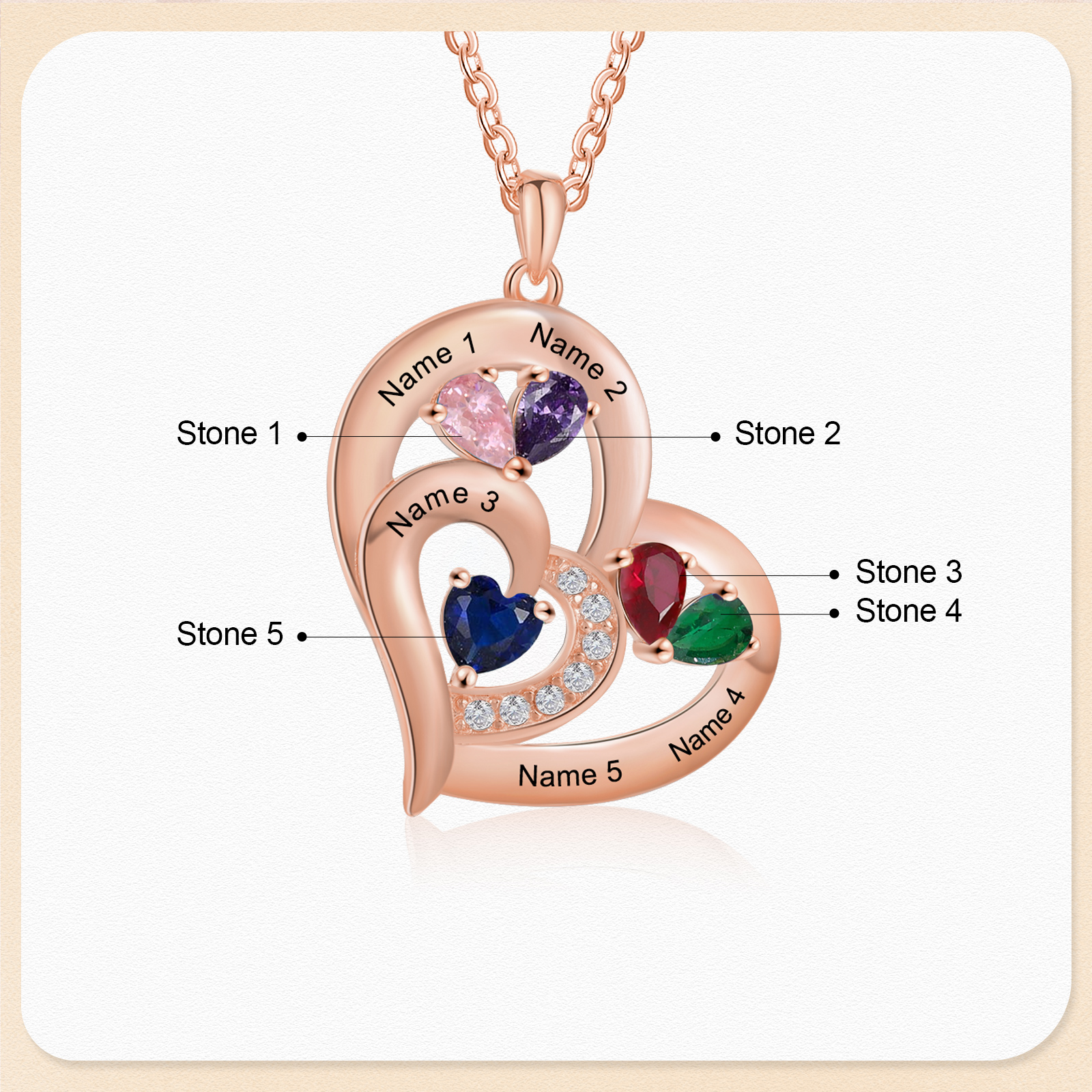 5 Names - Personalised Heart Pendant Necklace Customised Names & Birthstones Necklace Birthday Gift for Her-Jessemade AU