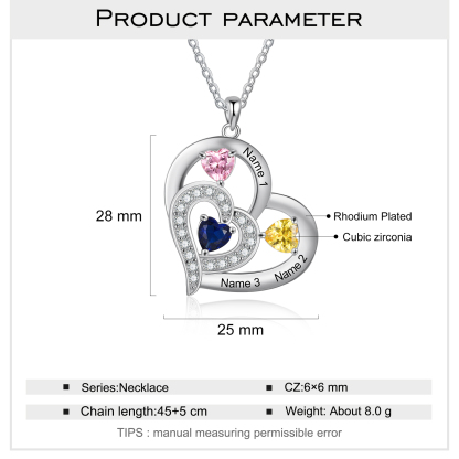 Personalised Heart Necklace With 3 Birthstones Engraved Names Gift For Her-Jessemade AU