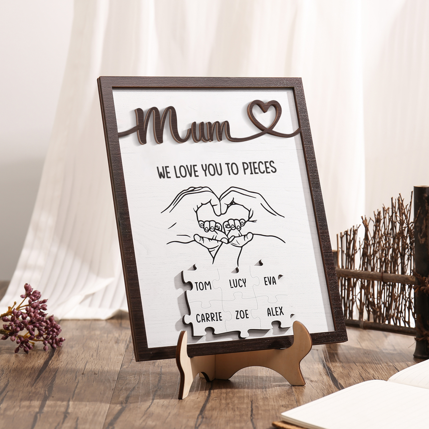 Personalised Puzzle Pieces Wooden Plaque Custom 6 Names & Text & Salutation Holding Hands Family Wooden Sign With Stand Gifts for Mum-Jessemade AU