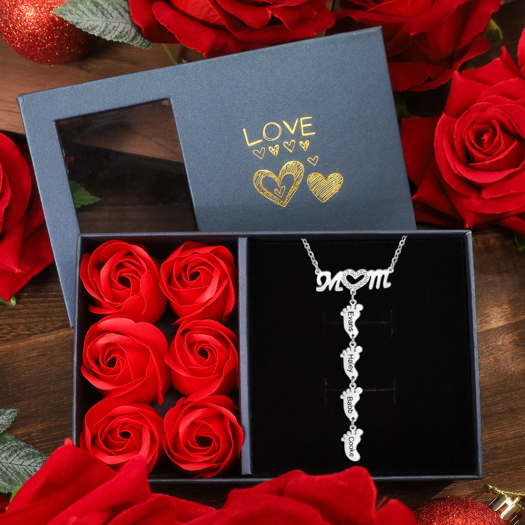 Mother Necklace with 4 Baby Feet Pendants Engraved 4 Names Rose Gift Set