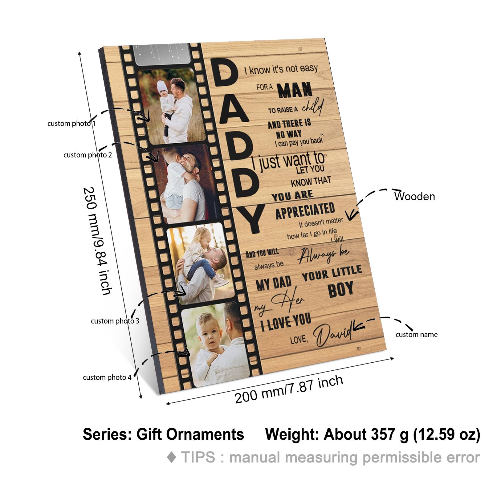 To My Daddy Personalised Photo Frame Wood Signs Keepsake Custom 4 Photos-Jessemade AU