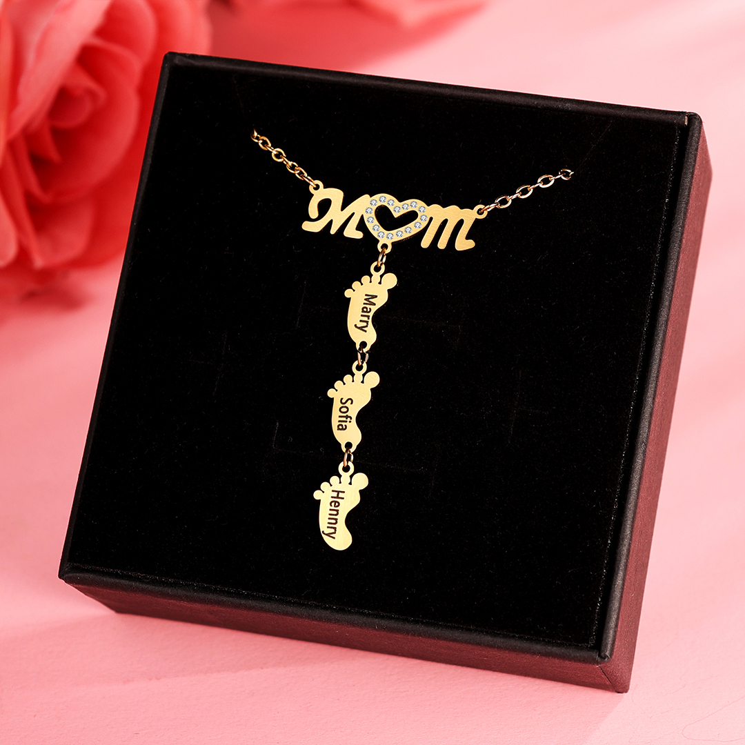 Mother's Day Personalised Baby Feet Necklace Engraved 3 Names Necklace Gifts For Mum-Jessemade AU