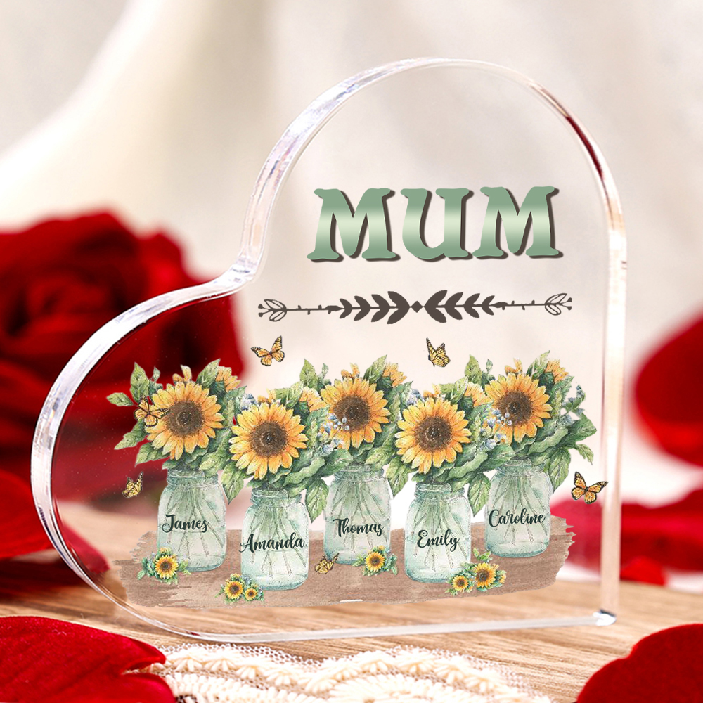 Personalised Acrylic Heart Keepsake Custom 5 Names & 1 Text Sunflower Vase Ornament Gifts for Mother/Grandma-Jessemade AU