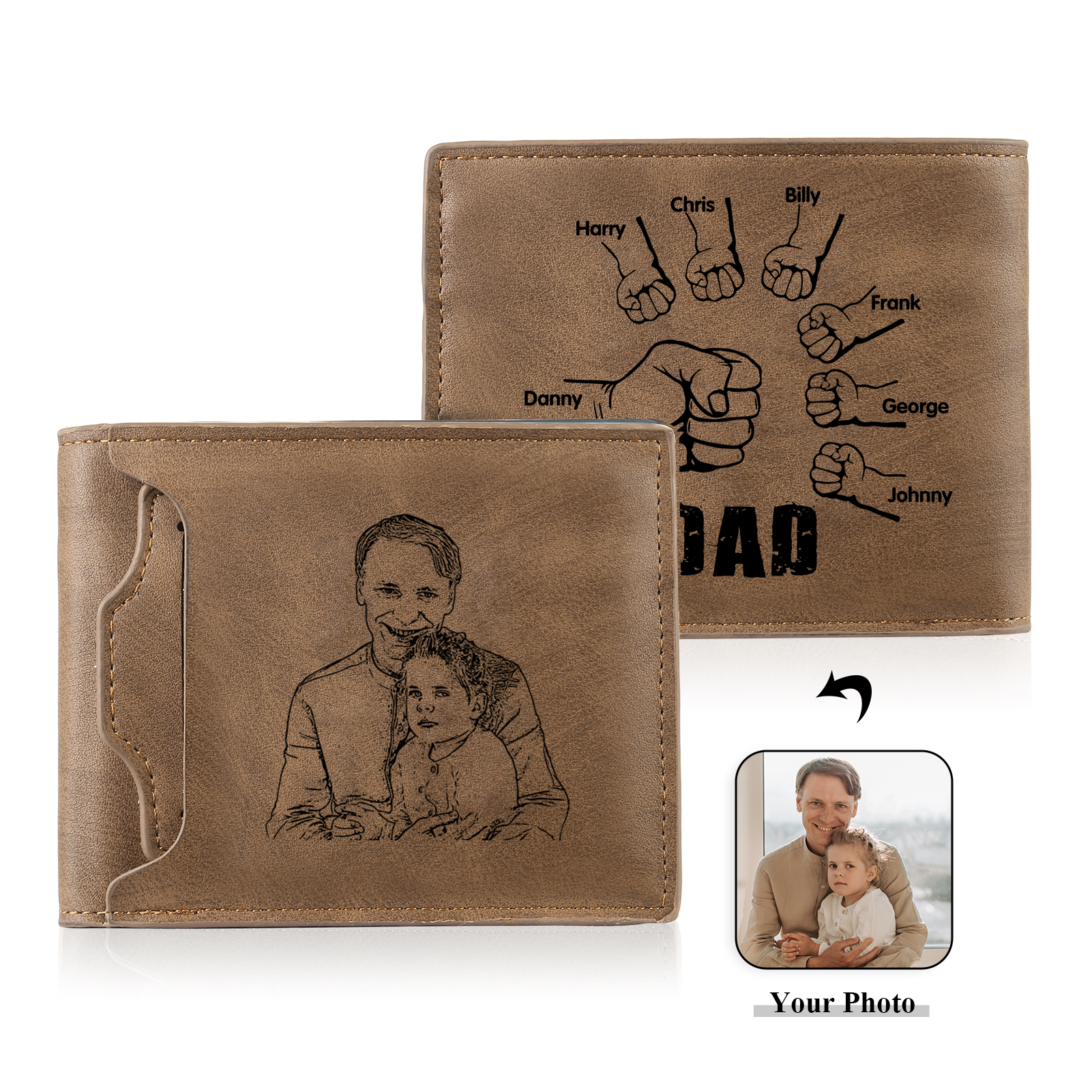 7 Names - Personalised Men Leather Wallet Custom Name & Photo Folding Wallet Fist Bump Wallet Gift for Dad-Jessemade AU