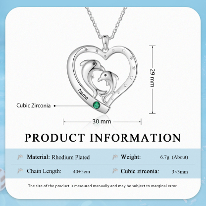 Personalised Heart Dolphin Pendant Necklace Custom 1 Birthstone Engraved 1 Name Necklace Gift for Her-Jessemade AU