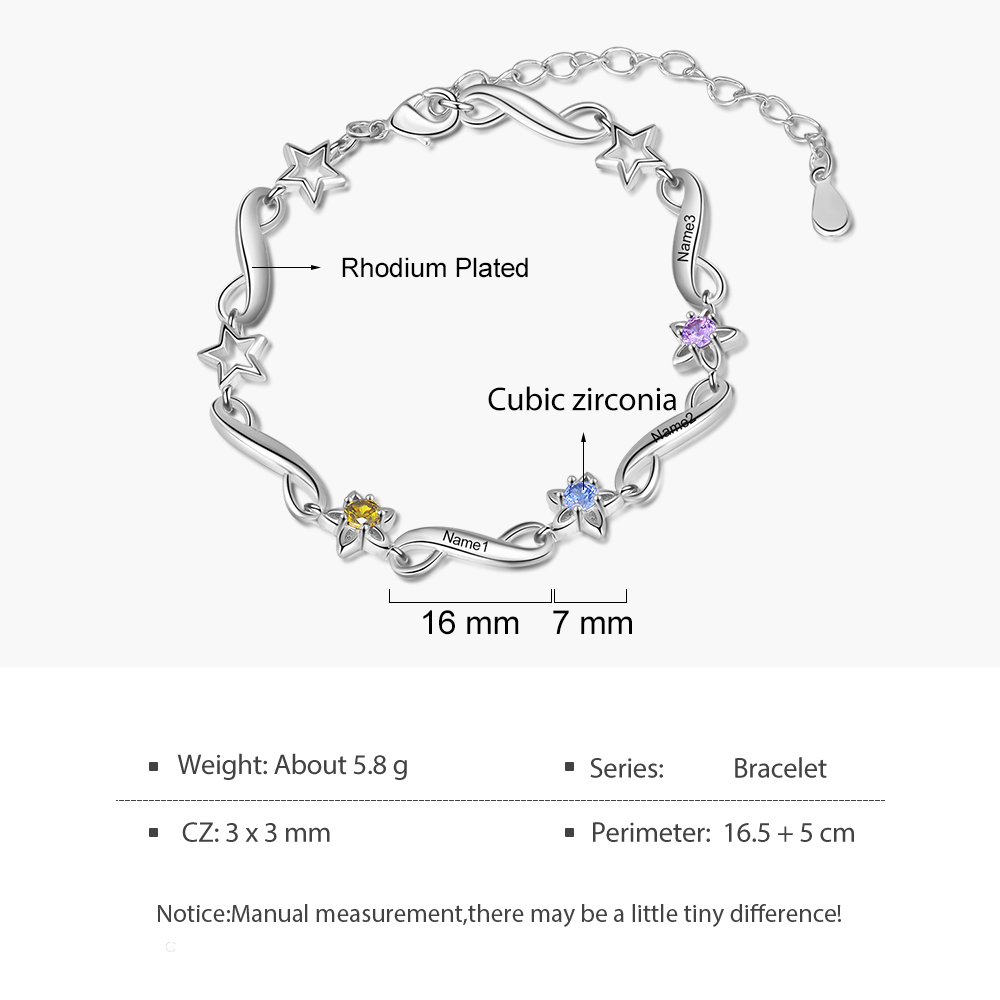Personalised Star Bracelet With 3 Birthstones Engraved Names Bracelet Gift For Women-Jessemade AU