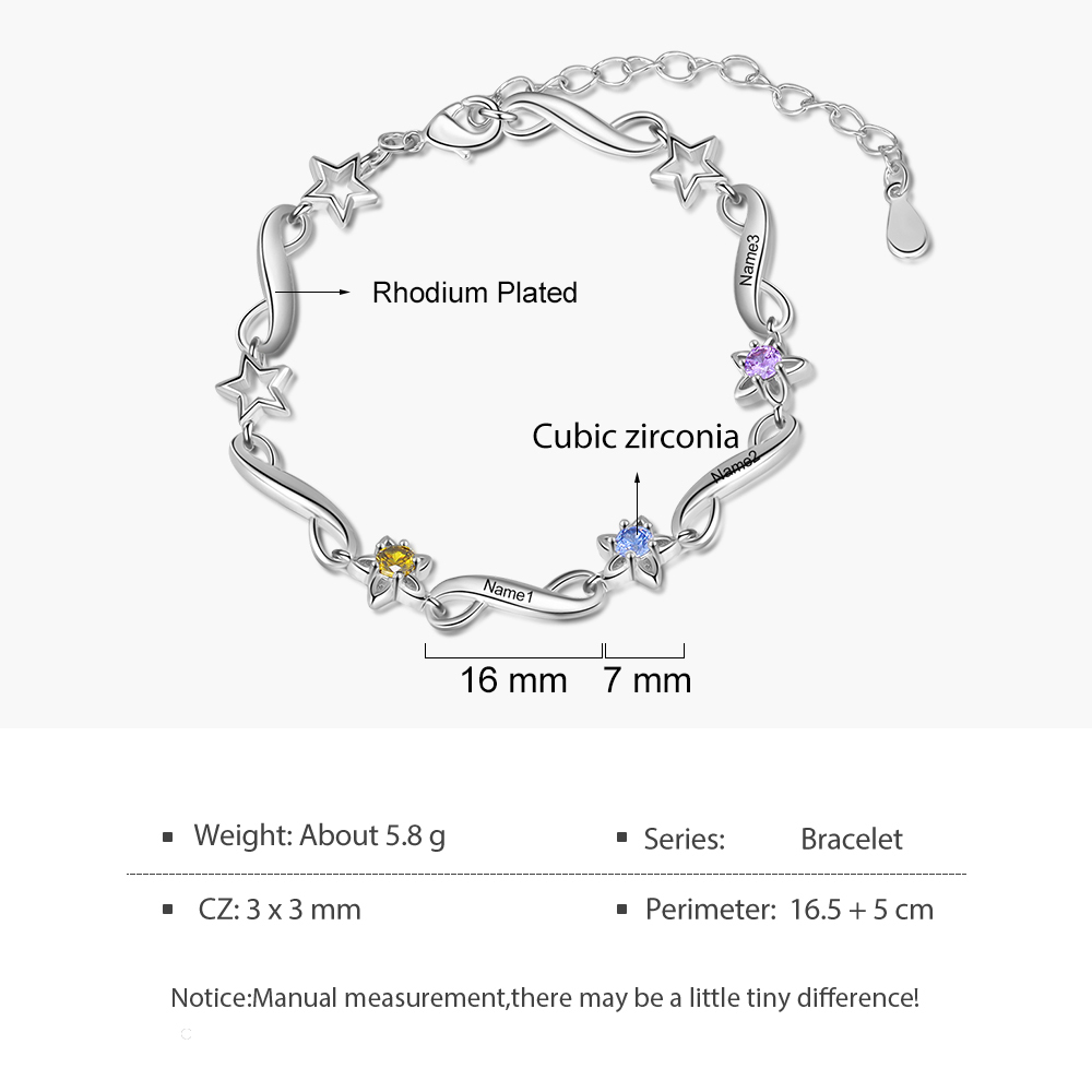 Personalised Star Bracelet With 3 Birthstones Engraved Names Bracelet Gift For Women-Jessemade AU