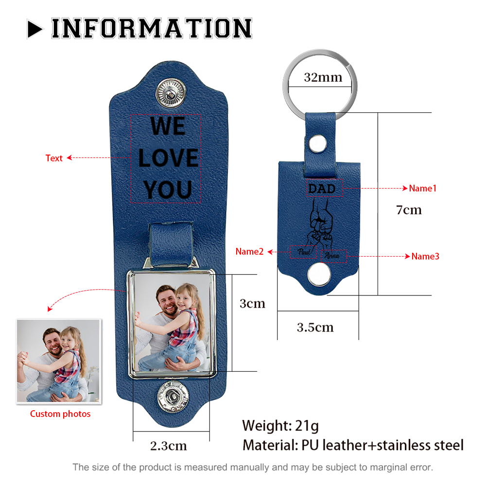 3 Names - Personalised Photo & Text & Name Leather Keychain Custom Fist Bump Keychain Gift for Dad/Grandpa-Jessemade AU